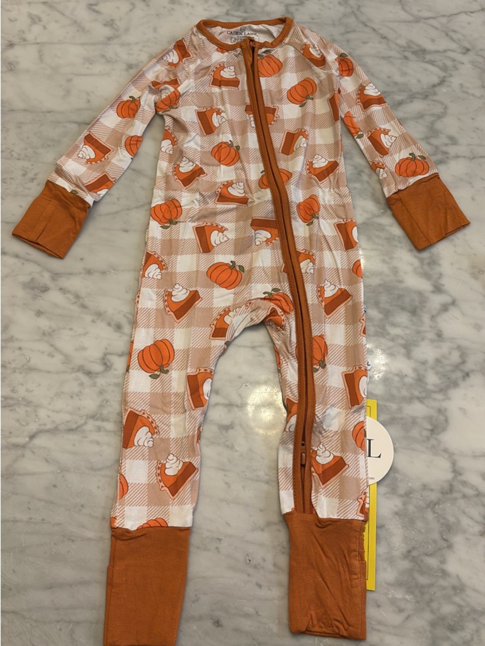 Caden Lane Orange Pumpkin & Pie Print Zip One-Piece size is 6-12 months